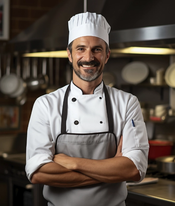 portrait male chef smiling kitchen